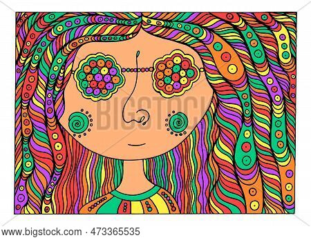 Hiipie Girl In The Sunglasses - Coloring Page For Adults. Hippie Retro Art. Trippy Outline Illustrat
