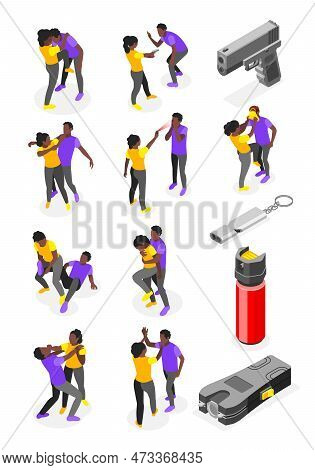 Self Defense Isometric Set Of Recolor Icons With Isolated Personal Defense Weapons And Fighting Huma