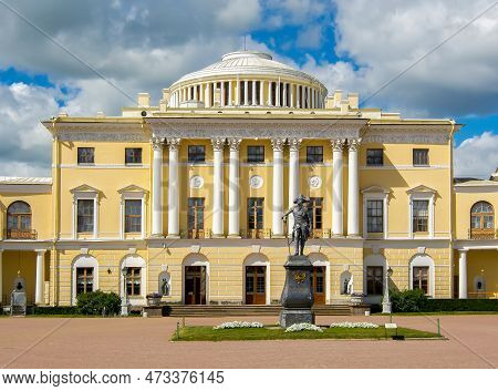 Pavlovsk Palace And Pavel The First Monument, St. Petersburg, Russia