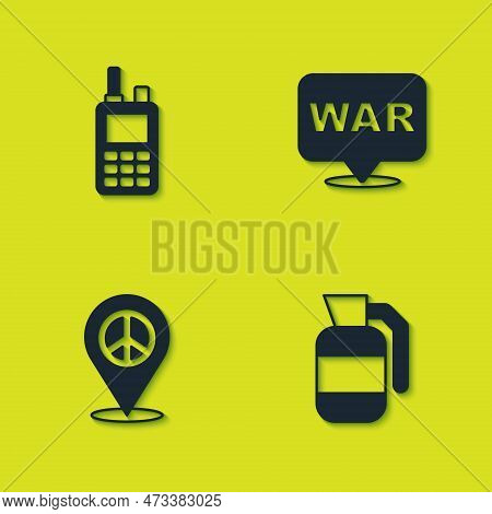Set Walkie Talkie, Hand Grenade, Location Peace And The Word War Icon. Vector