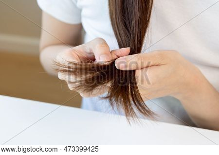 Damaged Hair, Frustrated Asian Young Woman, Girl Hand In Holding Splitting Ends, Messy Unbrushed Dry