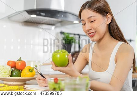 Diet, Dieting Asian Young Woman Working, Write Diet Plan Right Nutrition, Hold Green Apple, Vegetabl