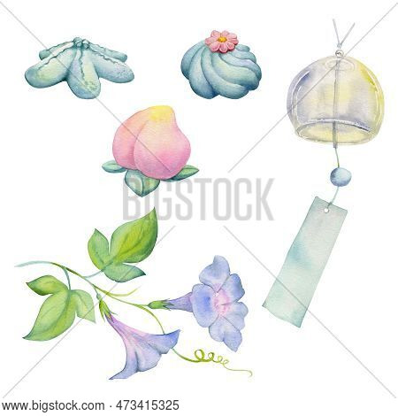 Watercolor Hand Drawn Traditional Japanese Sweets. Summer Wagashi With Wind Chimes And Flower. Isola