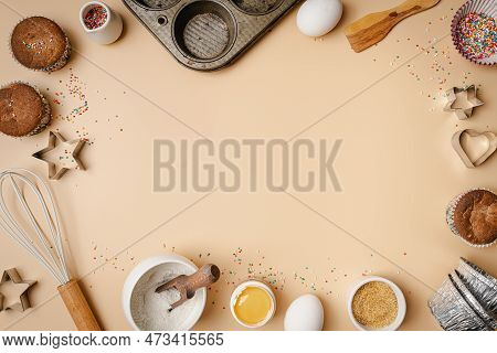 Baking Or Cooking Colorful Background. Ingredients, Kitchen Items For Baking. Kitchen Utensils, Flou