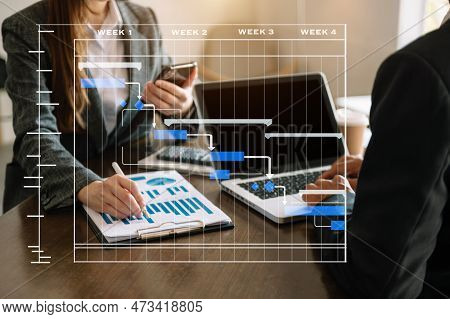 Project Manager Working And Update Tasks With Milestones Progress Planning And Gantt Chart Schedulin