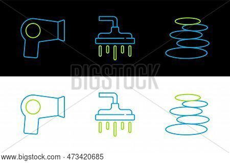 Set Line Stack Hot Stones, Hair Dryer And Shower Head Icon. Vector