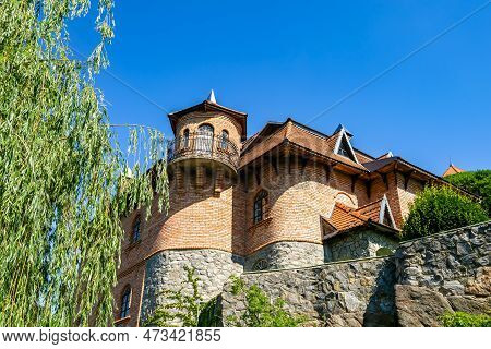 Photography On Theme Ancient Brick Castle With Large Tower On Background Natural Nature, Photo Consi