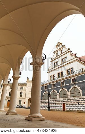 The Territory Of The Old Horse Yard. The Architecture Of The Building With A Colonnade Along The Ent