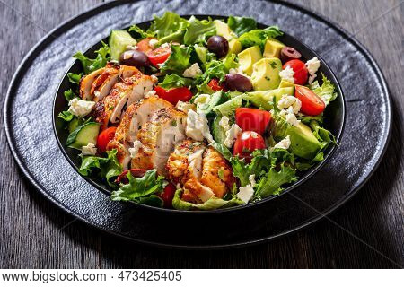 Mediterranean Rotisserie Chicken Salad With Avocado, Lettuce, Kalamata Olives, Cucumber, Tomato And 