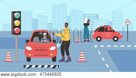 Driving Test. Instructor Is Examining Drive School Student. Teacher Checking Knowledge Of Beginner. 