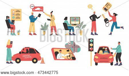 People At Driving School. Drive Car Learning Process. Instructor Explains Road Rules. Traffic Theory
