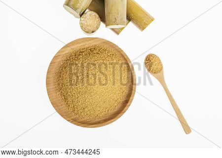 Wooden Dish With Brown Sugar On White Background
