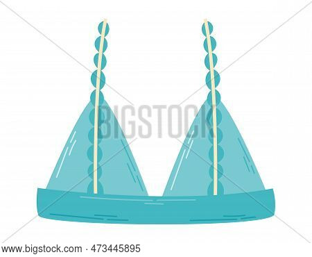 Blue Cute Women Bra Or Bikini With Ruffles. Vector Isolated Cartoon Illustration.