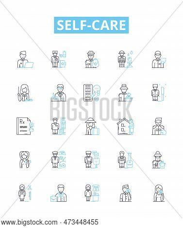 Self Care Vector Line Icons Set. Wellness, Hygiene, Exercise, Mindfulness, Meditation, Sleep, Nutrit