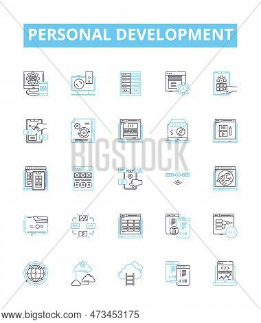 Personal Development Vector Line Icons Set. Motivation, Growth, Learning, Happiness, Reflection, Goa