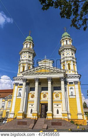Facade View Of Building Of The Holy Cross Greek Catholic Cathedral In Uzhhorod, Ukraine. Baroque Chu