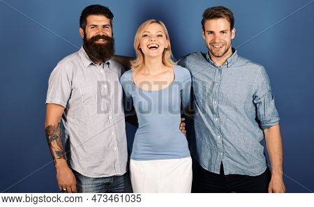 True Friendship And Human Relations. Group Friends Hug Blue Background. We Are Family. Free Relation
