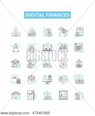 Digital Finances Vector Line Icons Set. Digital, Finances, Banking, Payments, Online, Accounts, Debi