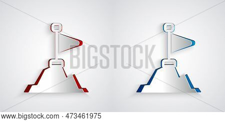 Paper Cut Mountains With Flag On Top Icon Isolated On Grey Background. Symbol Of Victory Or Success 