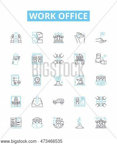 Work Office Vector Line Icons Set. Workplace, Desk, Office, Computer, Chair, Printer, Scanner Illust
