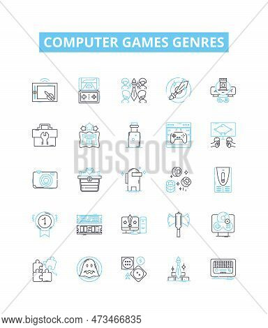 Computer Games Genres Vector Line Icons Set. Simulation, Shooter, Adventure, Puzzle, Strategy, Platf