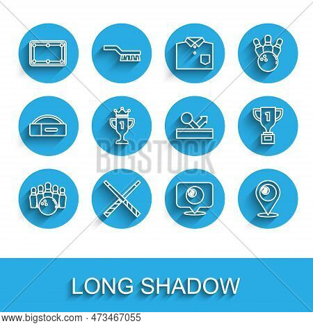 Set Line Bowling Pin And Ball, Crossed Billiard Cues, Billiard Table, Location With, Award Cup, And 