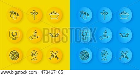 Set Line Minotaur Labyrinth, Laurel Wreath, Zeus, Crossed Medieval Sword, Helmet With Wings, Olives 