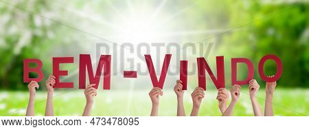 People Hands Building Word Bem-vindo Means Welcome, Grass Meadow