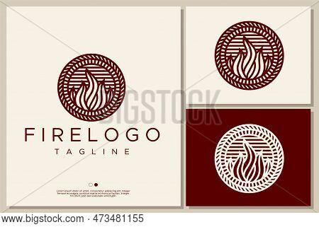 Vintage Line Bon Fire Logo Design Vector. Retro Circle Flame Logo Brand Template