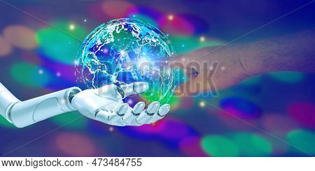 3d Robotic Hand Holding World Element Futuristic Digital Ai System With Human Hand Touch Getting Ai 