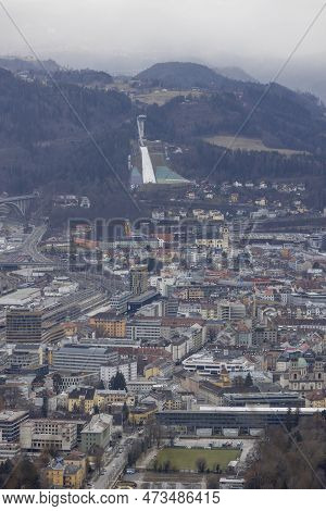 Innsbruck, Austria - February 26, 2023: Aerial View Of City And Bergisel Ski Jump, Facility Of Fis W
