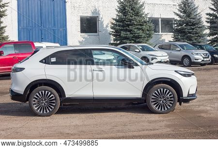 Lviv Ukraine - 03 04 2023: Electric New White Car Honda E-hc1, Sale Of Eco Electric Vehicles, Select