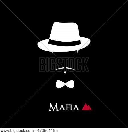Gentleman Head With Bow Tie And Hat Isolated On Black Background. Mafia Avatar. Stylish Mafioso Vect