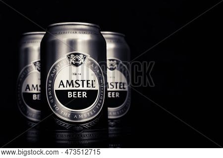 Beer Can. Amstel Beer Close-up On A Dark Background With Copy Space. An Internationally Renowned Bra