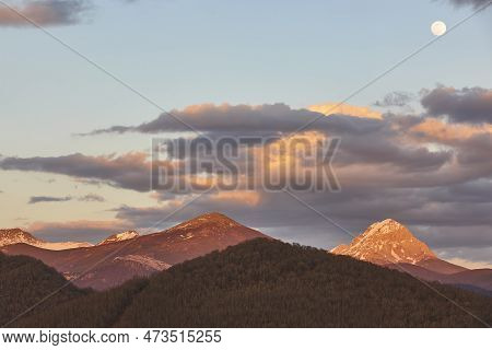 Snowy Mountain Landscape Under The Moon. Riano, Castilla Leon. Spain