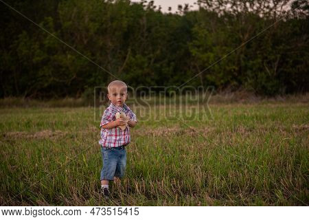 Little Boy In Cage Shirt Hugs Soft Toy. Todder With Emotions Walks In Mowing Green-yellow Field