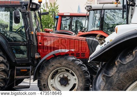 Strasbourg, France - April 30, 2021: Side View Of Tractors At Farmer Protest In Front Of Council Of 