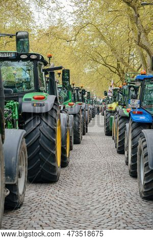Strasbourg, France - April 30, 2021: Rear View Over Multiple Rows Of Tractors At Farmer Protest In F