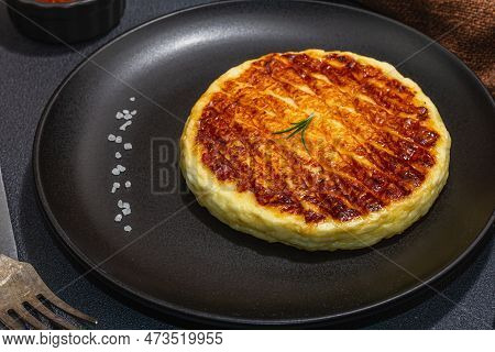Grilled Halloumi Cheese Served On Plate. Cutlery, Traditional Food For Picnic Or Bbq