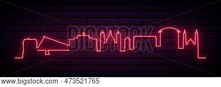 Red Neon Skyline Of Podgorica. Bright Podgorica, Montenegro City Long Banner. Vector Illustration.