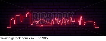 Red Neon Skyline Of Gdansk. Bright Gdansk, Poland Long Banner. Vector Illustration.