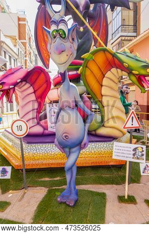 Burriana, Spain 18-03-2023: View Of The Sculpted Monument For Its Exhibition And Its Burning In The 