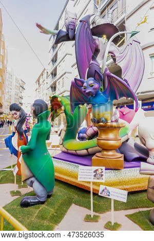 Burriana, Spain 18-03-2023: View Of The Sculpted Monument For Its Exhibition And Its Burning In The 