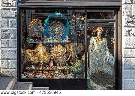 Venice, Italy - March 18, 2023: Store With Masks, Traditional Costumes And Specific Venetian Objects