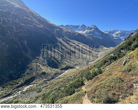 Beautiful Autumn Panorama Of The Alpine Valley Val Grialetsch And The Stream Aua Da Grialetsch In Th