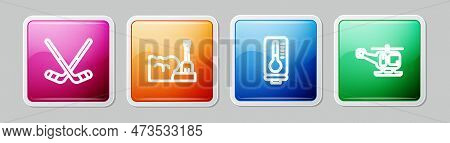 Set Line Ice Hockey Sticks, Shovel In Snowdrift, Meteorology Thermometer And Rescue Helicopter. Colo