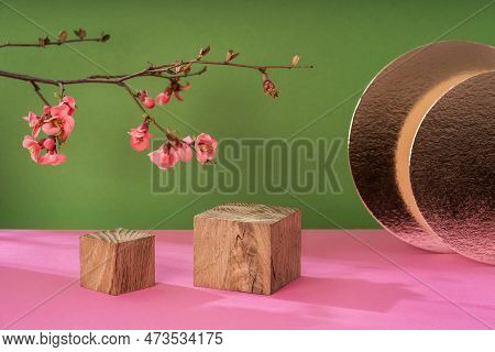 Composition Empty Podium Material Tree And Spring Flowers. Empty Background Composition For Cosmetic
