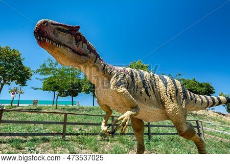 Morella, Spain - August 09, 2022 : The Dinosaur Exhibit In Morella Features Life-size Models And Fos