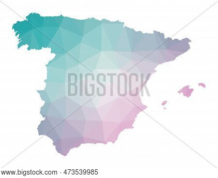 Polygonal Map Of Spain. Geometric Illustration Of The Country In Emerald Amethyst Colors. Spain Map