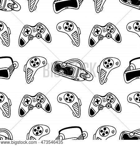 Vr Gadgets Seamless Vector Pattern. Glasses Of Virtual And Augmented Reality. Joystick, Move Control